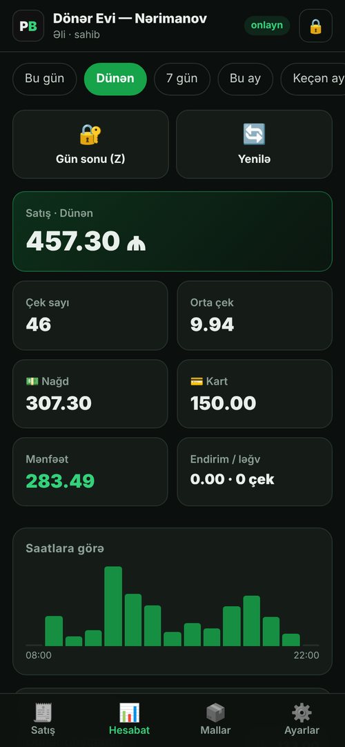PosBaku Online — telefonda hesabat: satış, nağd, kart, mənfəət