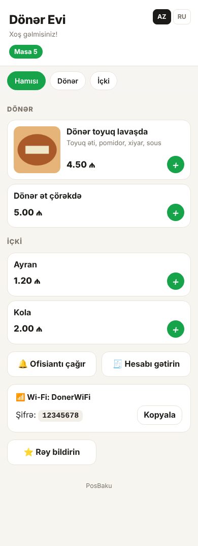 QR menyu telefonda: dönər şəkli, qiymət, ofisiant çağırışı, Wi-Fi şifrəsi